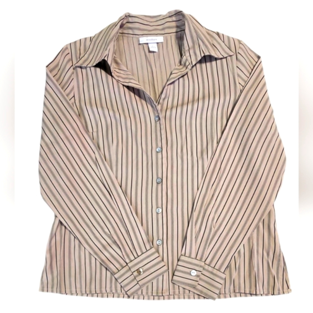 Dressbarn White Brown Fitted Button Down Shirt